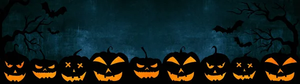 Halloween Sfondo Banner Ampio Panorama Panoramico Modello Silhouette Spaventoso Intagliato — Foto Stock