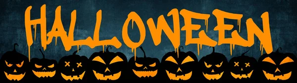 Halloween Sfondo Banner Ampio Panorama Panoramico Modello Silhouette Zucche Fumetto — Foto Stock