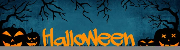 Halloween Banner Fondo Amplia Plantilla Panorámica Silueta Espeluznantes Calabazas Dibujos —  Fotos de Stock