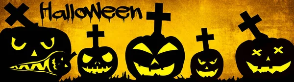 Halloween Háttér Banner Széles Panoráma Sablon Silhouette Ijesztő Faragott Világító — Stock Fotó