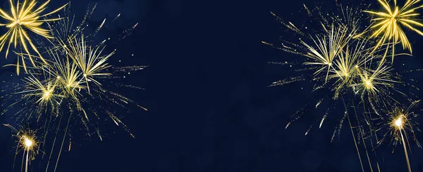 Щаслива Новорічна Вечірка Святковий Фон Банерна Панорама Довгозолотий Жовтий Феєрверк — стокове фото