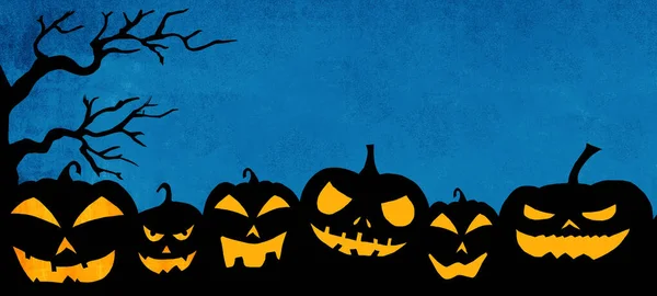 Halloween Bakgrund Banner Mall Silhuett Skrämmande Snidade Lysande Tecknad Pumpor — Stockfoto