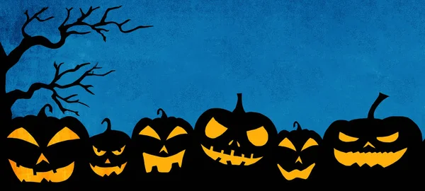 Halloween Plantilla Banner Fondo Silueta Espeluznantes Calabazas Dibujos Animados Luminosos —  Fotos de Stock