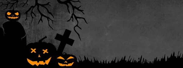 Halloween Sfondo Banner Ampio Panorama Panoramico Modello Silhouette Spaventoso Intagliato — Foto Stock