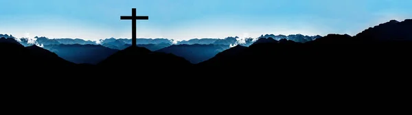 Religieus Verdriet Landschap Achtergrond Banner Panorama Uitzicht Met Zwart Silhouet — Stockfoto
