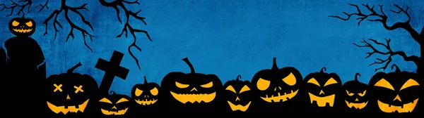 Halloween Tło Baner Szeroki Panoramiczny Szablon Panorama Sylwetka Przerażające Rzeźbione — Zdjęcie stockowe