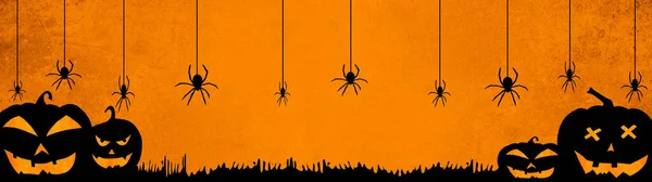 光彩夺目的背景横幅宽的全景全景全景模板 从深橙色的夜晚纹理中分离出来的恐怖雕刻的明亮卡通南瓜和蜘蛛的轮廓 — 图库照片