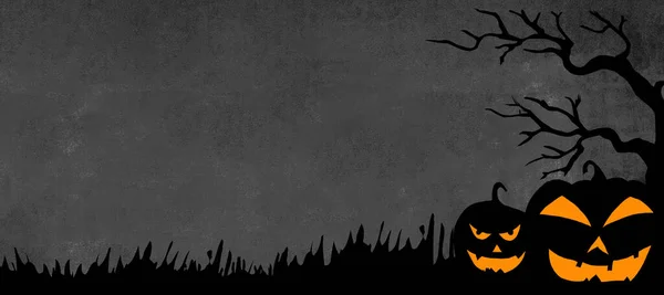 Halloween Pozadí Banner Šablona Silueta Děsivé Vyřezávané Světelné Karikatury Dýně — Stock fotografie