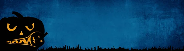 全景全景全景模板 恐怖雕刻的明亮卡通南瓜的轮廓 用深蓝色纹理隔离 — 图库照片
