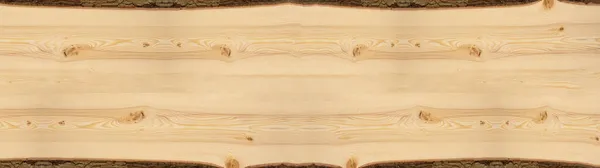 木材结构背景横幅全景 Spruce Fir木餐桌模板 树缘和树皮 文字空间 顶部视图 — 图库照片