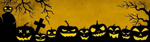 Halloween Fundo Banner Amplo Panorama Panorâmico Modelo Silhueta Assustador Esculpido — Fotografia de Stock