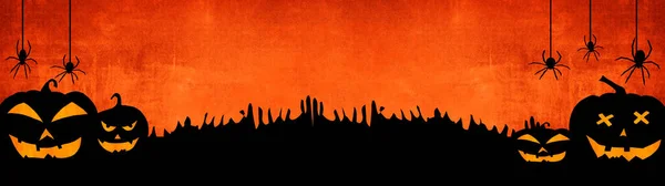 Cadılar Bayramı Arkaplan Pankartı Geniş Panoramik Panorama Şablonu Korkutucu Oyulmuş — Stok fotoğraf