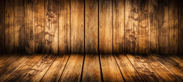 Koyu rustik ahşap tahta duvar ve zemin / boş 3D stüdyo odası, sergi ürünleri için iç ahşap doku, duvar arkaplan panoraması