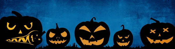 Halloween Sfondo Banner Ampio Panorama Panoramico Modello Silhouette Zucche Fumetto — Foto Stock