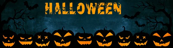 Halloween Bakgrund Banner Bred Panorama Mall Silhuett Skrämmande Snidade Lysande — Stockfoto