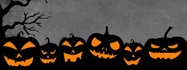 Halloween Plantilla Banner Fondo Silueta Espeluznantes Calabazas Dibujos Animados Luminosos —  Fotos de Stock