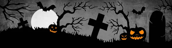 Halloween Háttér Banner Széles Panoráma Sablon Silhouette Ijesztő Faragott Világító — Stock Fotó