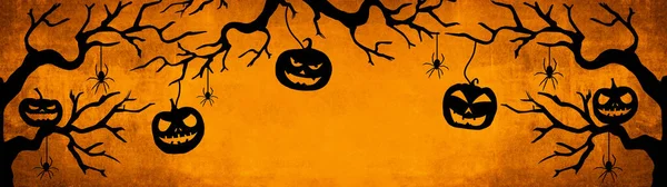 Halloween Bakgrund Banner Bred Panorama Mall Silhuett Skrämmande Snidade Lysande — Stockfoto