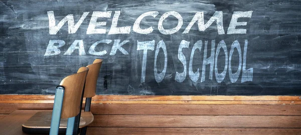 Schule Start Willkommen Back Schule Hintergrundbanner Panorama Klassenzimmer Mit Rustikaler — Stockfoto