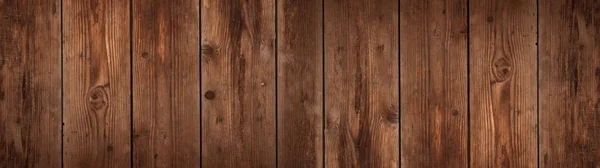 陈旧不堪的褐色乡村色深褐色木地板质感木墙背景横幅全景 — 图库照片