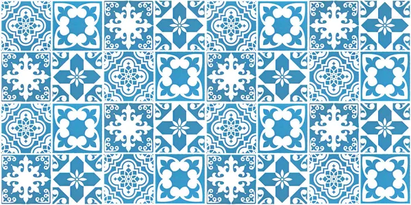Azul Inconsútil Blanco Vintage Retro Geométrico Cuadrado Mosaico Flor Hoja —  Fotos de Stock