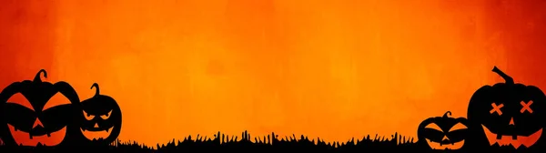 Halloween Tło Baner Szeroki Panoramiczny Szablon Panorama Sylwetka Przerażające Rzeźbione — Zdjęcie stockowe