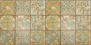 Eskimiş sarı kahverengi bej rengi, dikdörtgen, kare, eski mozaik, duvar dokusu, geometrik çiçek yaprakları, karo ayna desenli arkaplan.