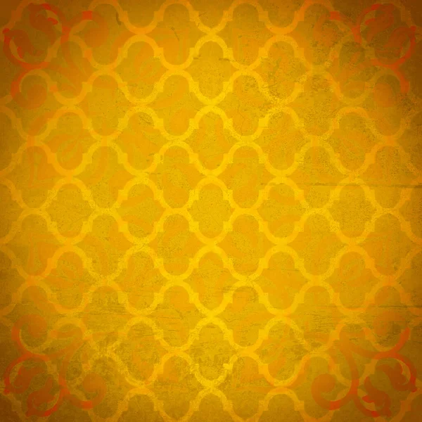 色彩艳丽的黄色橙色古色古香的斑斑斑斑斓的花缎华丽的阿拉伯风格瓷砖石灰墙体墙纸背景正方形 — 图库照片