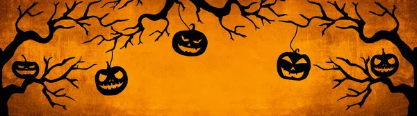 Halloween Banner Fondo Amplia Plantilla Panorámica Silueta Espeluznantes Calabazas Dibujos — Foto de Stock