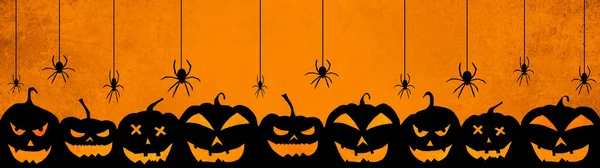 Halloween Banner Φόντο Ευρύ Πανοραμικό Πρότυπο Σιλουέτα Τρομακτικό Σκαλιστά Φωτεινά — Φωτογραφία Αρχείου