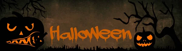 Halloween Banner Fondo Amplia Plantilla Panorámica Silueta Espeluznantes Calabazas Dibujos —  Fotos de Stock