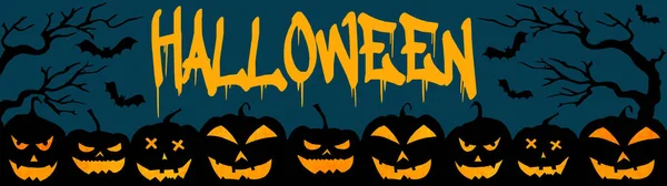 Halloween Banner Fondo Amplia Plantilla Panorámica Silueta Espeluznantes Calabazas Dibujos —  Fotos de Stock