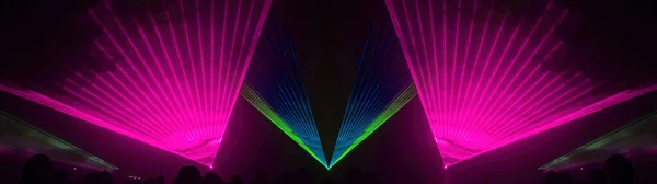 Lasershow Festiwal Disco Party Tło Baner Panorama Kolorowy Pokaz Laserowy — Zdjęcie stockowe