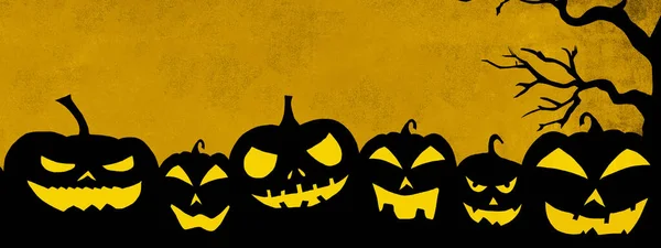 Halloween Fundo Banner Template Silhueta Assustador Esculpido Luminoso Cartoon Abóboras — Fotografia de Stock