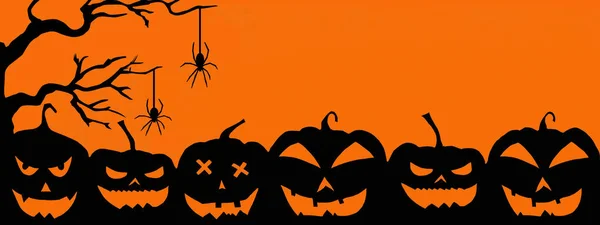 Modèle Bannière Arrière Plan Halloween Silhouette Citrouilles Arbres Araignées Dessins — Photo