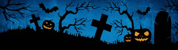 반쯤되는 현수막넓은 파노라마 템플릿 무섭게 조각된 그리고 묘지의 어두운 질감에 — 스톡 사진
