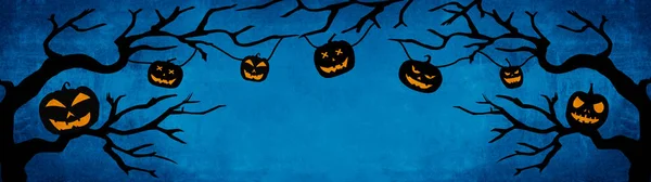 Halloween Banner Φόντο Ευρύ Πανοραμικό Πρότυπο Σιλουέτα Τρομακτικό Σκαλιστά Φωτεινά — Φωτογραφία Αρχείου