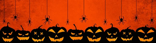 Halloween Banner Fondo Amplia Plantilla Panorámica Silueta Espeluznantes Calabazas Dibujos — Foto de Stock