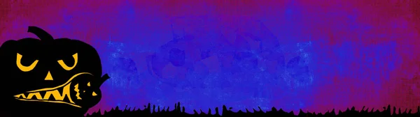 光彩夺目的背景横幅宽的全景全景全景模板 用深蓝色紫色紫色纹理分割的恐怖雕刻的明亮卡通南瓜的轮廓 — 图库照片