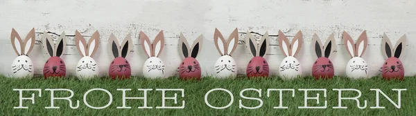 快乐的复活节背景横幅全景贺卡 粉红和白色复活节彩蛋与兔子耳朵 复活节兔子在新鲜的绿色草地上 孤立在白色古老的破旧墙壁质感 — 图库照片