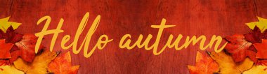 Merhaba sonbahar arkaplan afişi - Kırsal kırmızı ahşap duvar / masa dokusunda rengarenk sonbahar yaprakları, üst görünüm