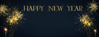 Mutlu yıllar Havai fişek Partisi arka plan panoraması Uzun havai fişek ve lacivert gece ışıkları 