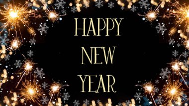 Mutlu yıllar arkaplan - Karanlık gecelerde izole edilmiş parkçıların, bokeh ışıklarının ve buz kristallerinin en üstteki görünüm / üstü çerçeve şekilleri