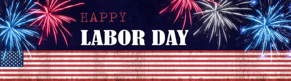 Mutlu İşçi Bayramı (Eylül) arka plan panoraması - Mavi dokuda izole edilmiş Amerikan bayrağı, yıldızı ve havai fişeği