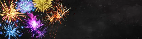 Firework Фонова Банерна Панорама Барвисті Святкові Феєрверки Літній Вечірці Фестивалі — стокове фото