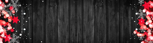 Панорама Шаблон Открытки Красные Звезды Боке Огни Кристаллы Льда Снежные — стоковое фото
