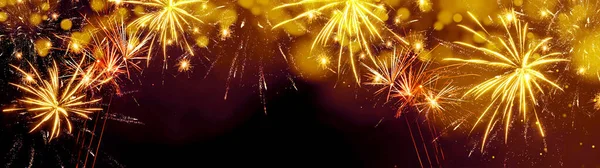 Фонова Банерна Панорама Fireworks Барвисті Святкові Феєрверки Золотим Жовтим Боке — стокове фото