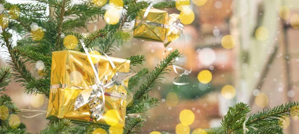 Banner Fondo Navidad Cajas Regalo Oro Regalos Con Cinta Plata —  Fotos de Stock