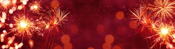 Silvester Background Panorama Banner Long Firework Red Texture Bokeh Lights — Stock Photo, Image