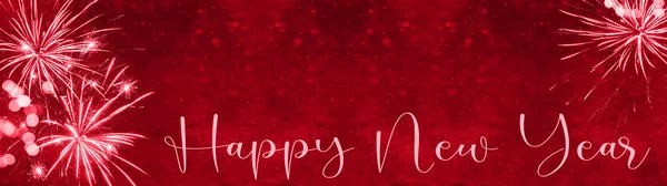 Щасливий Новорічний Фон Панорамний Банер Довгий Феєрверк Червоній Текстурі Боке — стокове фото